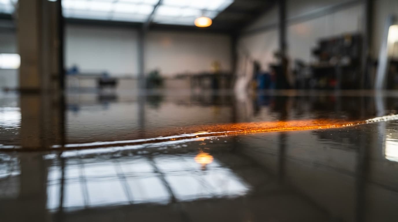 Freshly poured high-gloss epoxy resin floor catching late afternoon light — seamless mirror surface reflecting the warehouse ceiling grid