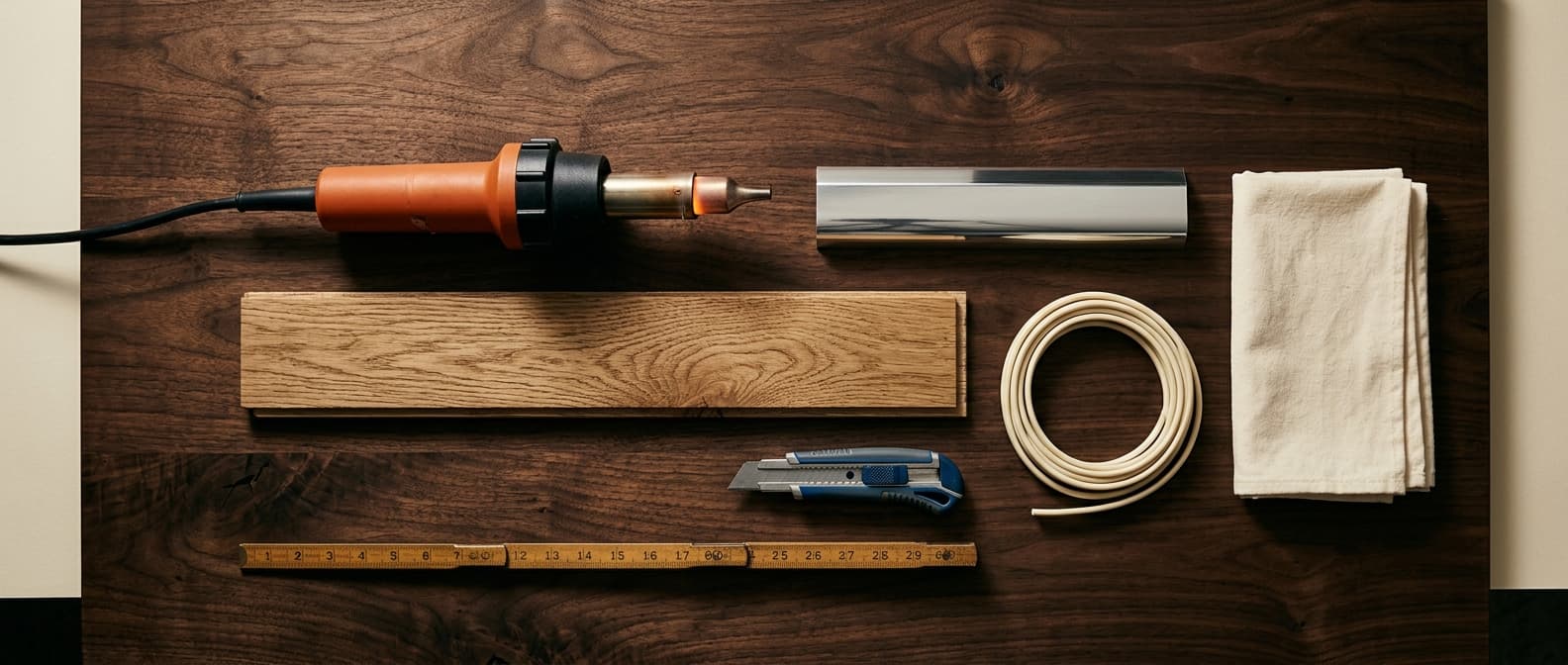 Trade-tool flat-lay on a walnut workshop bench — hot-air vinyl welder, chrome stair-nosing profile, oak floor plank, scribe rule and welding cord